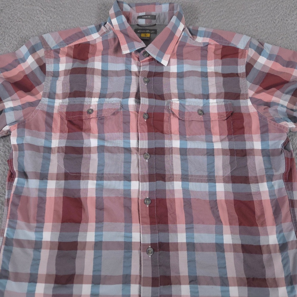 Eddie‎ Bauer Shirt Mens L Red Travex Plaid Performance Short Sleeve Fishing Hike